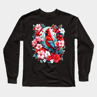 Cute Northern Cardinal Surrounded by Vibrant Spring Flowers Long Sleeve T-Shirt